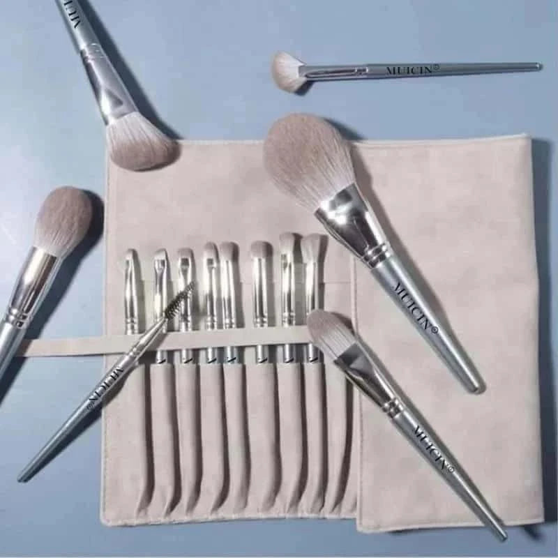 Professional 14-Piece Makeup Brush Set In Grey Leather Pouch