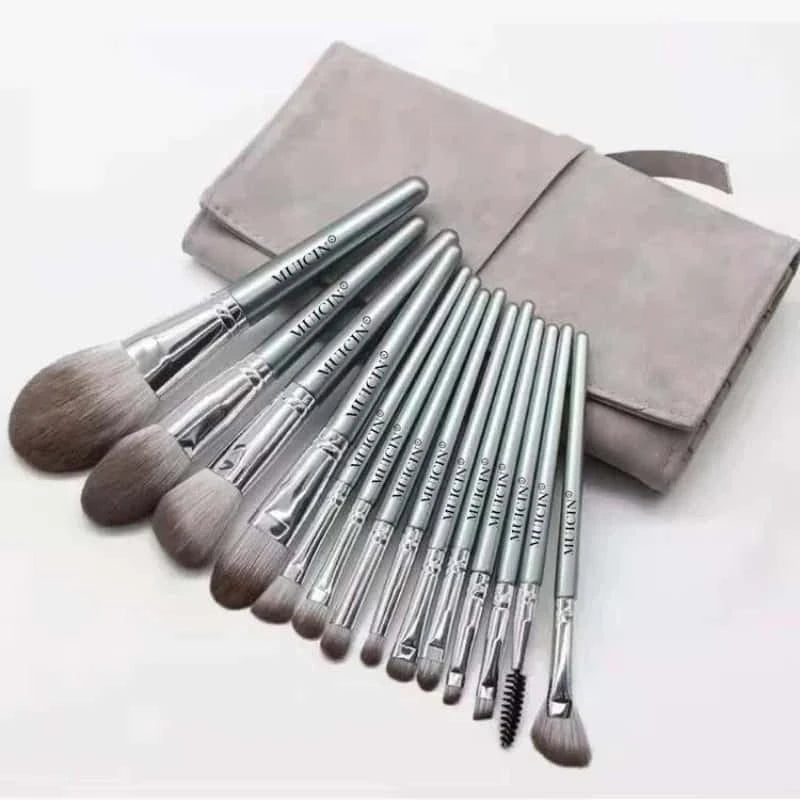 Professional 14-Piece Makeup Brush Set In Grey Leather Pouch