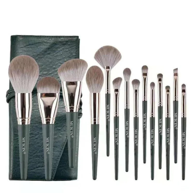 GREEN LEATHER POUCH PROFESSIONAL MAKEUP BRUSH SET - 14 PIECES FOR EVERY LOOK