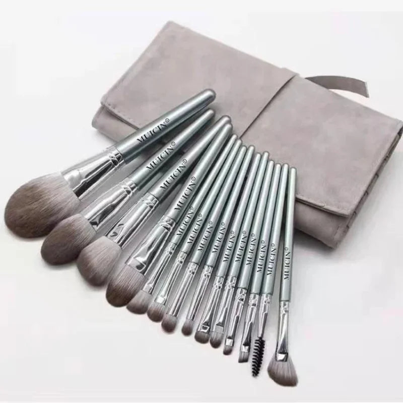 Professional 14-Piece Makeup Brush Set In Grey Leather Pouch