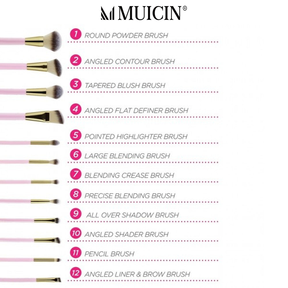 MUICIN - Natural Hair 12 Pieces Pink Studded Makeup Brushes Set Best Price in Pakistan
