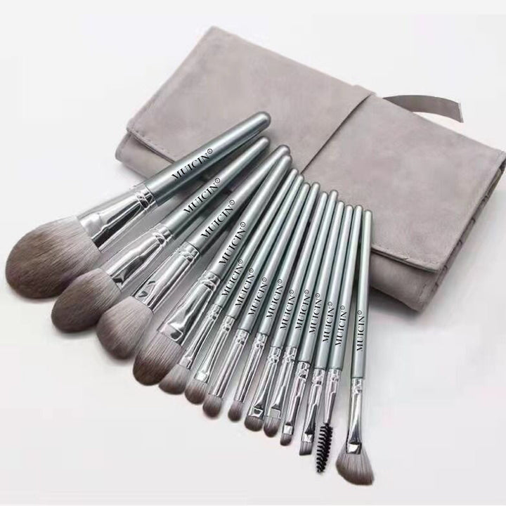 MUICIN - Grey Leather Pouch Eye & Face With Fan Makeup Brush Set - 14 pieces Best Price in Pakistan