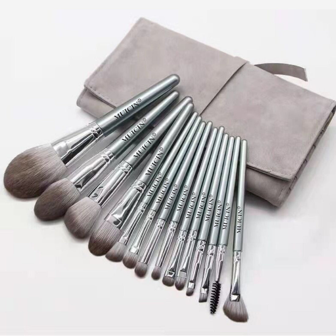 PROFESSIONAL 14-PIECE MAKEUP BRUSH SET IN GREY LEATHER POUCH - FOR THE ULTIMATE BEAUTY ENTHUSIAST