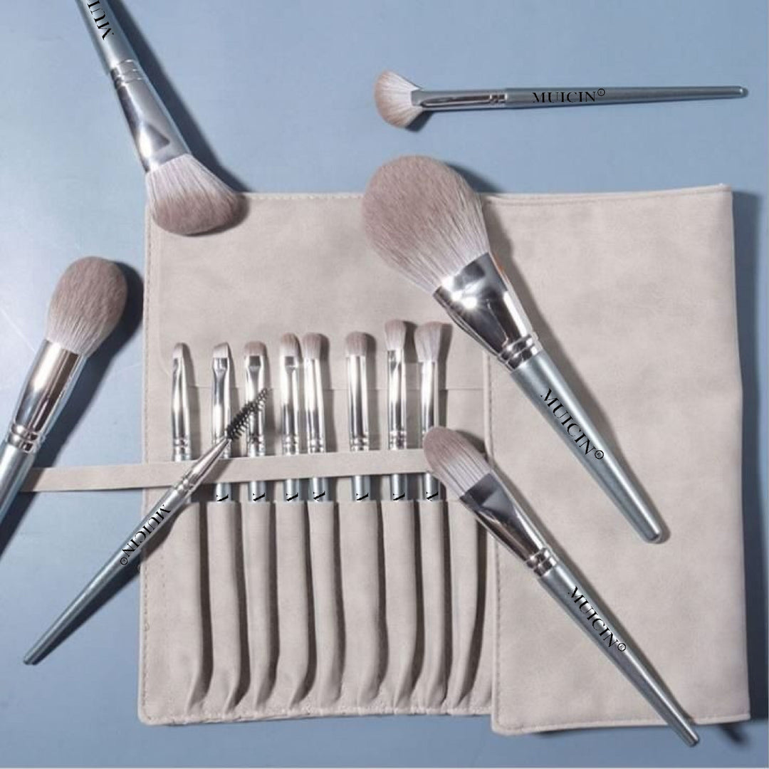 MUICIN - Grey Leather Pouch Eye & Face With Fan Makeup Brush Set - 14 pieces Best Price in Pakistan