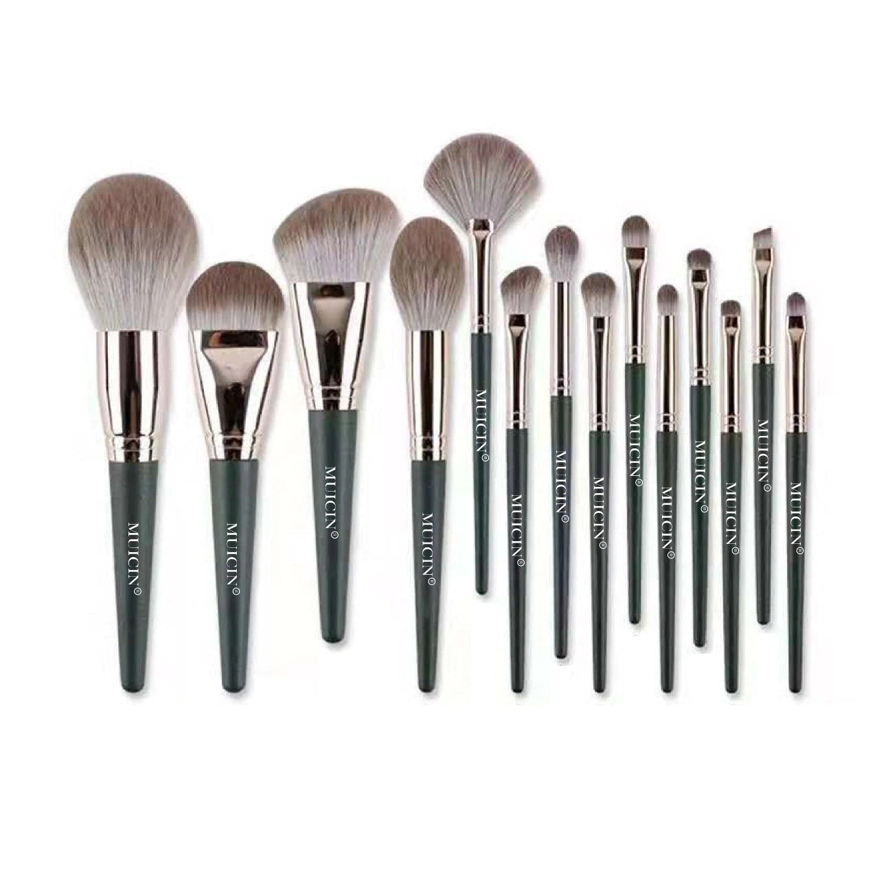 GREEN LEATHER POUCH PROFESSIONAL MAKEUP BRUSH SET - 14 PIECES FOR EVERY LOOK