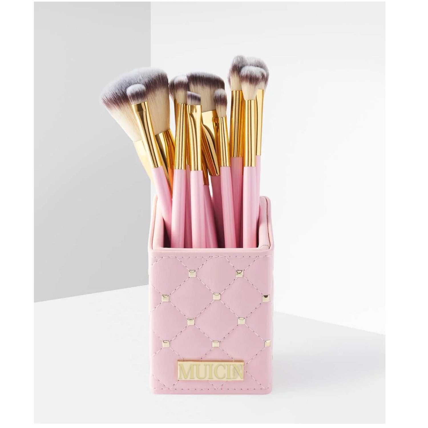 PINK STUDDED NATURAL HAIR MAKEUP BRUSHES - 12 PIECES FOR STYLISH APPLICATION